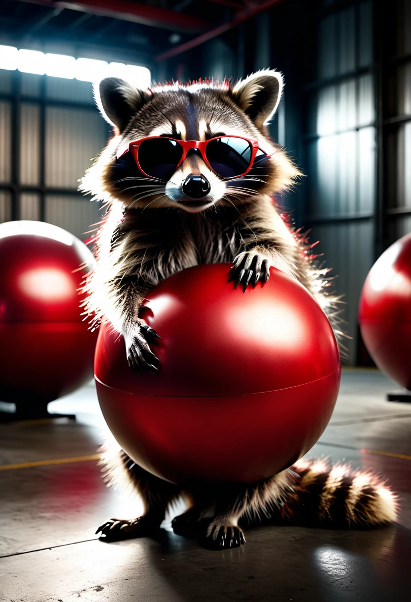 a photorealistic raccoon wearing sunglasses casually leaning on a large red ball in an industrial hall, detailed facial features, intricate fur textures, dramatic lighting, highly detailed background, cinematic composition, very detailed, 8k, hyperrealistic, Cinematic lighting, dramatic lighting, mood lighting, dark, intricate details, award-winning photography, stunning visual effects