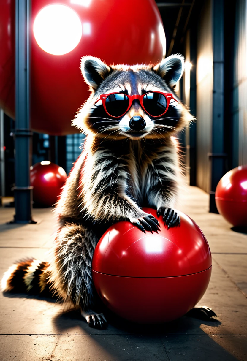 a photorealistic raccoon wearing sunglasses casually leaning on a large red ball in an industrial hall, detailed facial features, intricate fur textures, dramatic lighting, highly detailed background, cinematic composition, very detailed, 8k, hyperrealistic, Cinematic lighting, dramatic lighting, mood lighting, dark, intricate details, award-winning photography, stunning visual effects