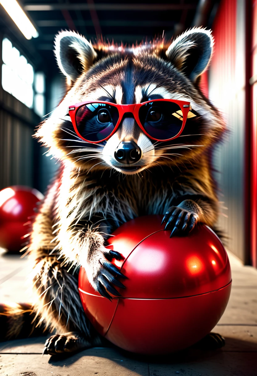 a photorealistic raccoon wearing sunglasses casually leaning on a large red ball in an industrial hall, detailed facial features, intricate fur textures, dramatic lighting, highly detailed background, cinematic composition, very detailed, 8k, hyperrealistic, Cinematic lighting, dramatic lighting, mood lighting, dark, intricate details, award-winning photography, stunning visual effects