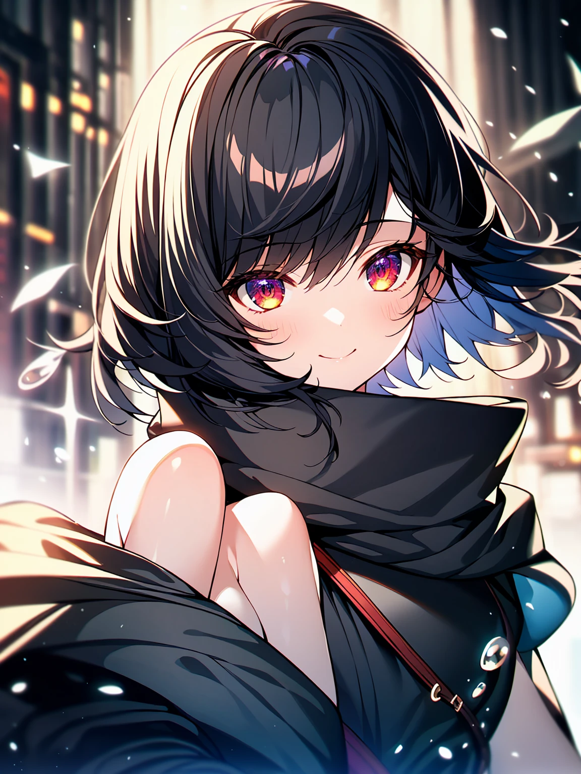 (masterpiece, highest quality, highest quality, (No text), Beautiful and aesthetic:1.2),No text,アニメ、 BREAK,One Girl，Short black hair　Red eyes　cool　smile　Black Coat　mini skirt　whole body　Night view