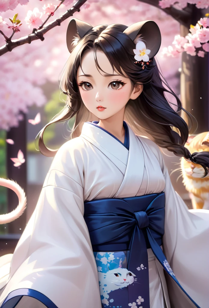 (Ah! My Goddess style:1.2) , Hallucination, daydream , nightmare , Insane Dream , bokeh , erotica , romance , realistic mouse nymph and realistic cat , Women's hakama from the Meiji period , Petals fluttering down , Single eyelids, round nose, swollen cheeks , glossy lips , Collarbone , Hair blowing in the wind , Meiji period
