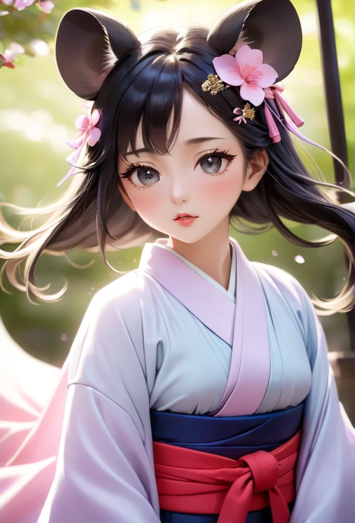 (Ah! My Goddess style:1.2) , Hallucination, daydream , nightmare , Insane Dream , bokeh , erotica , romance , realistic mouse nymph and realistic cat , Women's hakama from the Meiji period , Petals fluttering down , Single eyelids, round nose, swollen cheeks , glossy lips , Collarbone , Hair blowing in the wind , Meiji period
