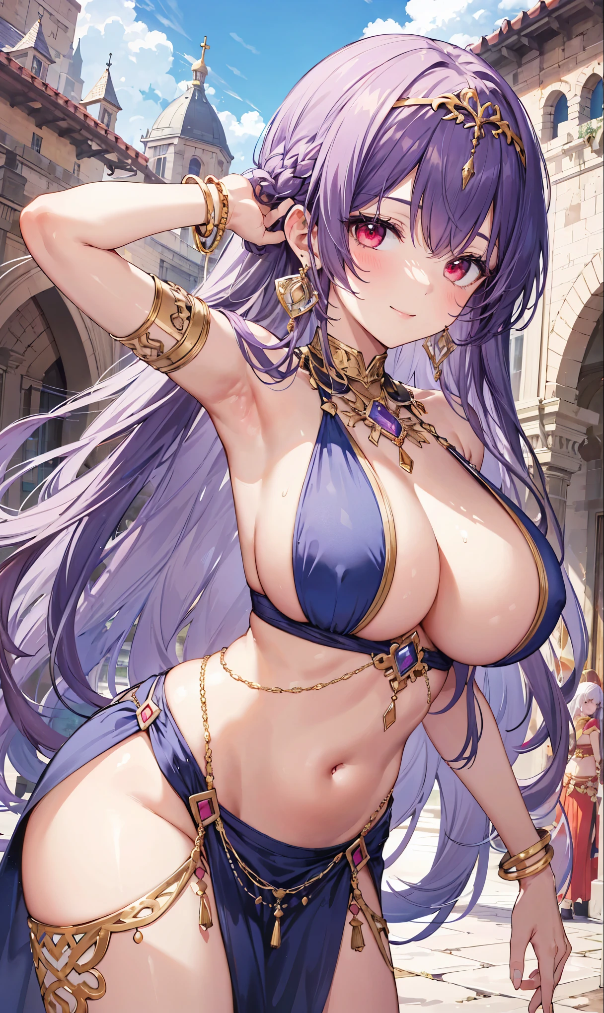 high quality, ultra detailed, best quality, insanely detailed, beautiful, masterpiece, 1girl, medieval plaza, cowboy shot, red eyes, long hair, purple hair, belly dancer, circlet, earrings, armlets, bracelets, bashful smile, large breasts, cleavage, soft stomach