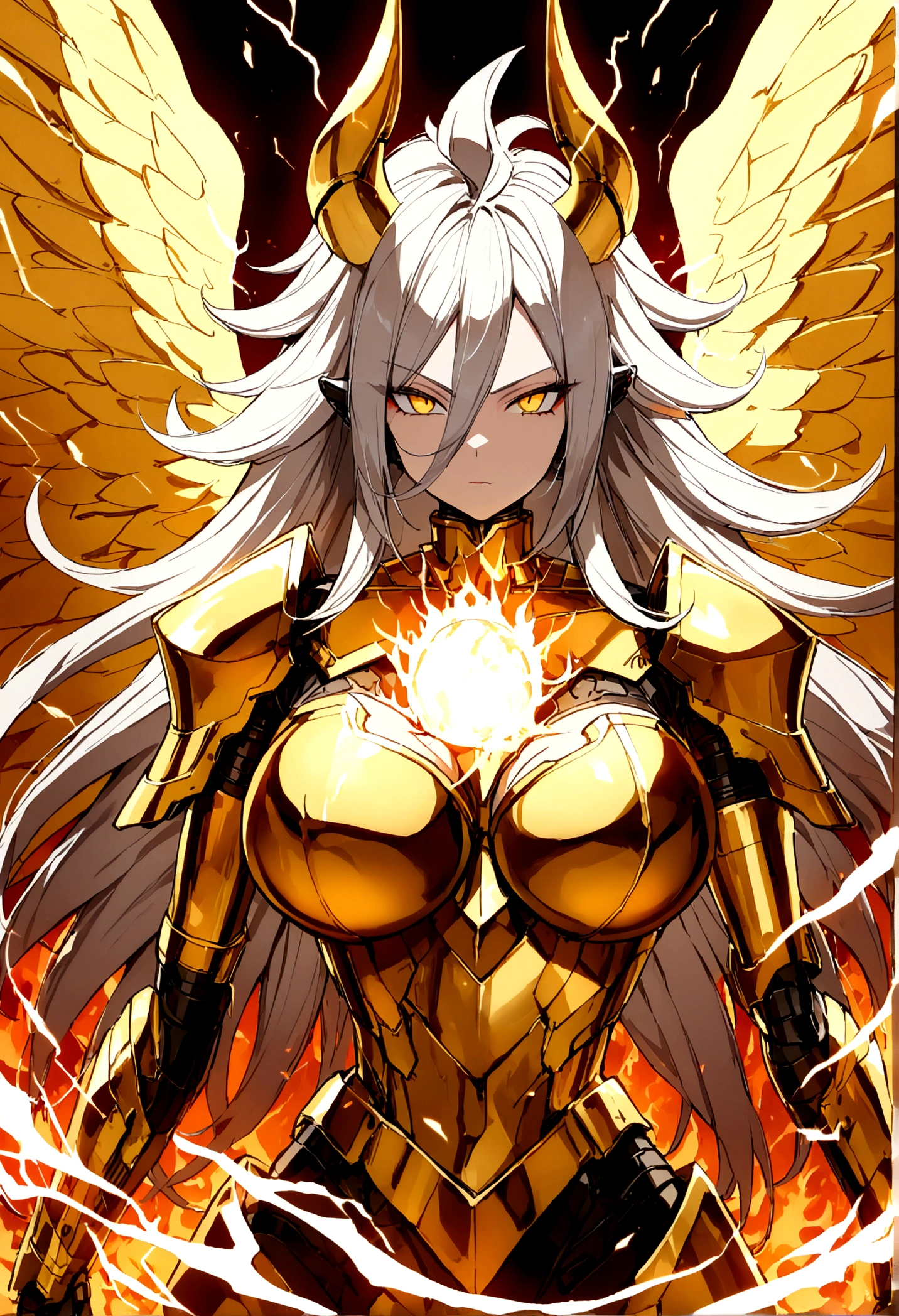 ((((Rasengan)))), ((Lightning Power)), ((Electricity)), ((Fire Background)), ((Lightning Storm)), ((Power Erupting)), ((((android 21)))), (((Evil Power))), (((white Coat))), (((Busty))), (((((Big breast:1,3)))), luxury bustier corset, (((silver hair))), (((Very slim waist))), propotional body, ((Gorgeous)), (((Fire Blazing Horns))), ((((gold wings))), masterpiece, hyperdetail, ambient effect, digital effect, (((Fire Gold Armor))), (((Lightning Gold Wings)))