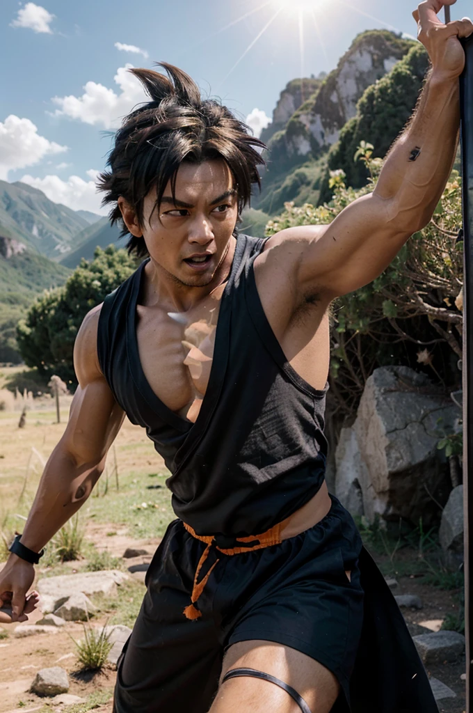 Imagine a scene where Goku carne e osso vida real pessoas reais, the legendary Saiyan warrior from Dragon Ball Z, is in the middle of intensive training. He is positioned in an open field, lit by a setting sun that creates a golden aura around him. His face reflects determination and focus as he executes a powerful strike with his outstretched hands, emitting an electric blue glow around them.
Goku's hair, distinctive for its spiky black color with yellow streaks, shines with vivid reflections as the light wind ruffles its strands. His fighting uniform, a blue gi with orange and a kanji symbol on the chest, is meticulously detailed, showing the creases and folds of the fabric.
In the background, majestic mountains rise against the orange sky, creating a dramatic contrast with Goku's dynamic figure. Every muscle and expression on his face and body conveys not only physical strength, but also the wisdom and determination of a warrior who constantly seeks to surpass his limits.
Light and shadows are expertly crafted to emphasize the details of the scene, creating a sense of depth and realism that makes it look like Goku is about to leap off the screen and into action."
ultra realista , alta definiçao , 4k, vida real