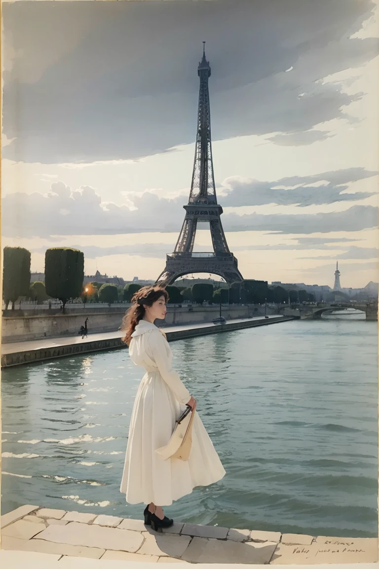 Paris , stormy scene, Edwardian women in white, watercolour  