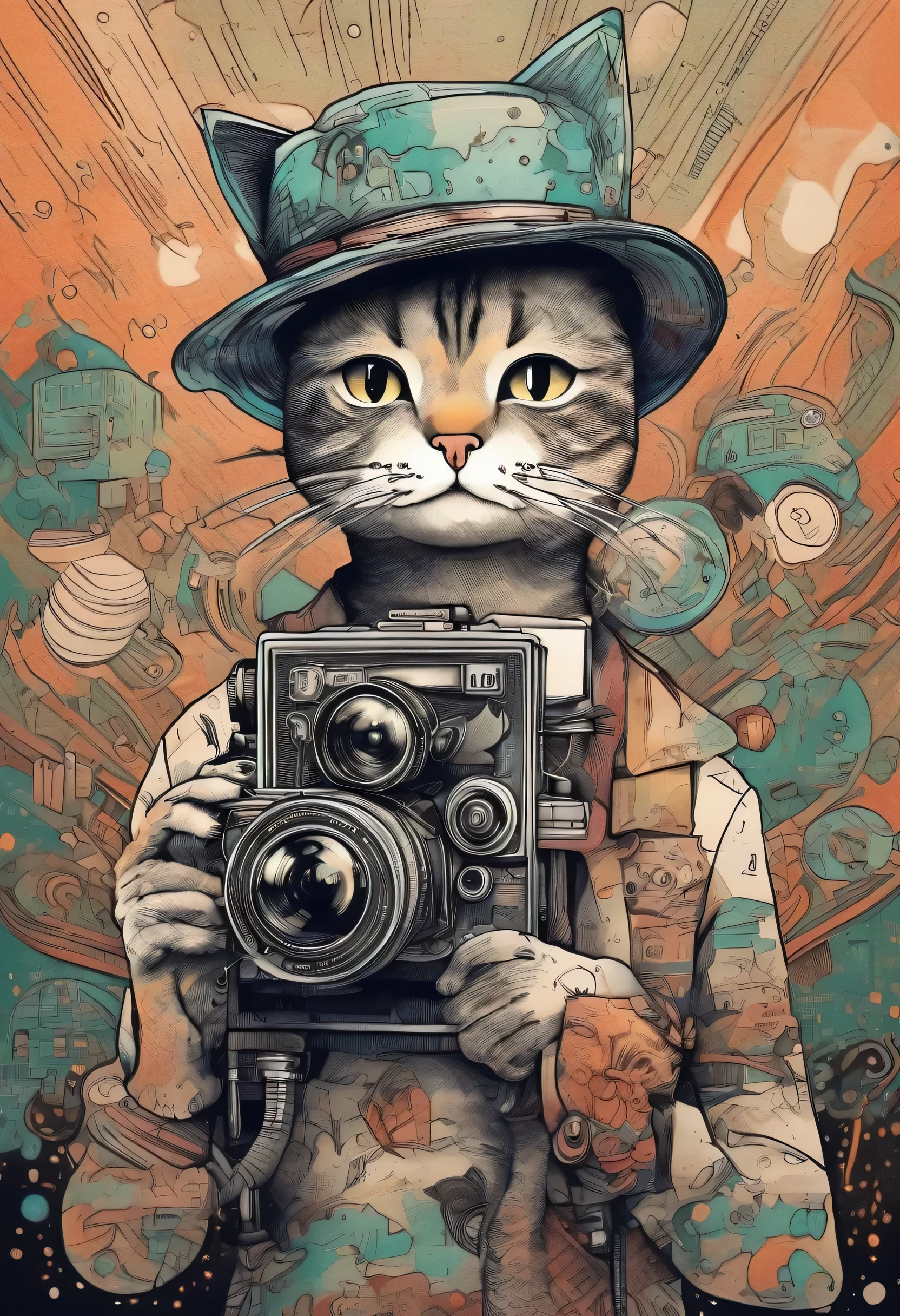 Cinematography camera and cat director illustration, Pop Surrealism , Highest quality、Drawing paper texture、pop surrealism
pop art
drawing