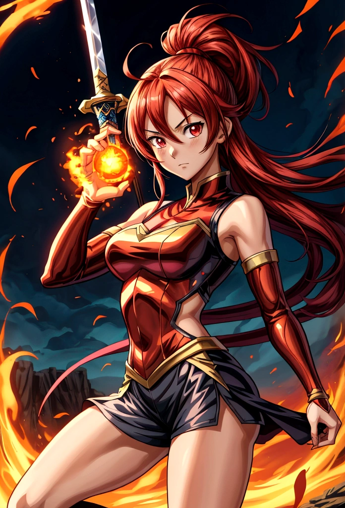 Cartoon image of a girl holding a sword and a fireball, Anime Style 4 k, Spectacular 8K HD anime shots, Anime Style. 8K, Demon Slayer Art Style, anime wallpaper 4k, anime wallpaper 4k, すごいアニメ 8K, epic Anime Style, anime art wallpaper 4k, anime art wallpaper 4k, Anime Cover, 4k anime wallpaper