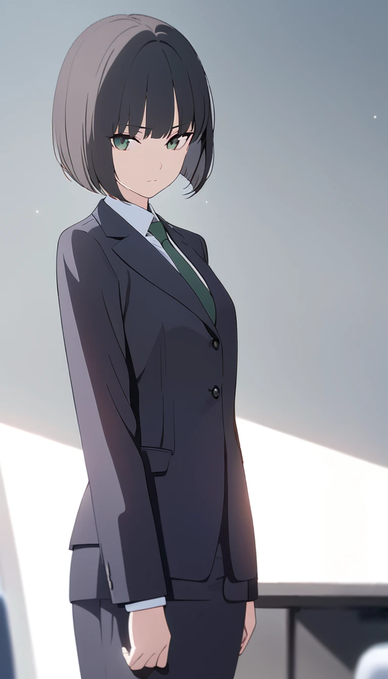(masterpiece, high quality, best quality, highres,) One Woman, young, black hair, bob cut, Green Eyes, Athletic build, expressionless, closed mouth, office staff suit, Simple white background, standing, cowboy shot, (from the front)