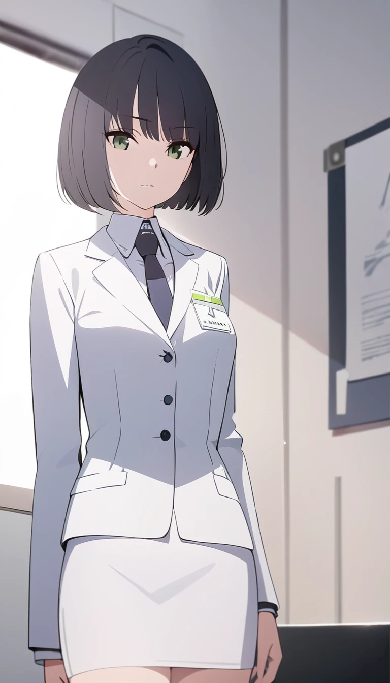 (masterpiece, high quality, best quality, highres,) One Woman, young, black hair, bob cut, Green Eyes, Athletic build, expressionless, closed mouth, office staff suit, Simple white background, standing, cowboy shot, (from the front)