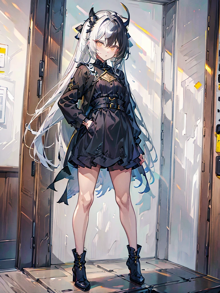 Femboy, black withe hair, yellow eye, coat fashion, ชุดเปิดไหล่,concept art, full body