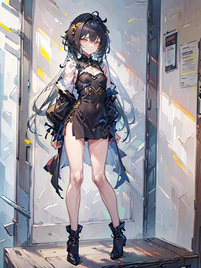 Femboy, black withe hair, yellow eye, coat fashion, ชุดเปิดไหล่,concept art, full body