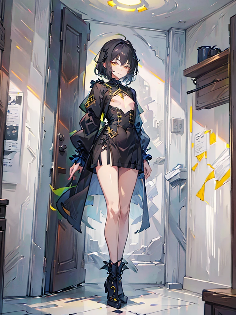 Femboy, black withe hair, yellow eye, coat fashion, ชุดเปิดไหล่,concept art, full body