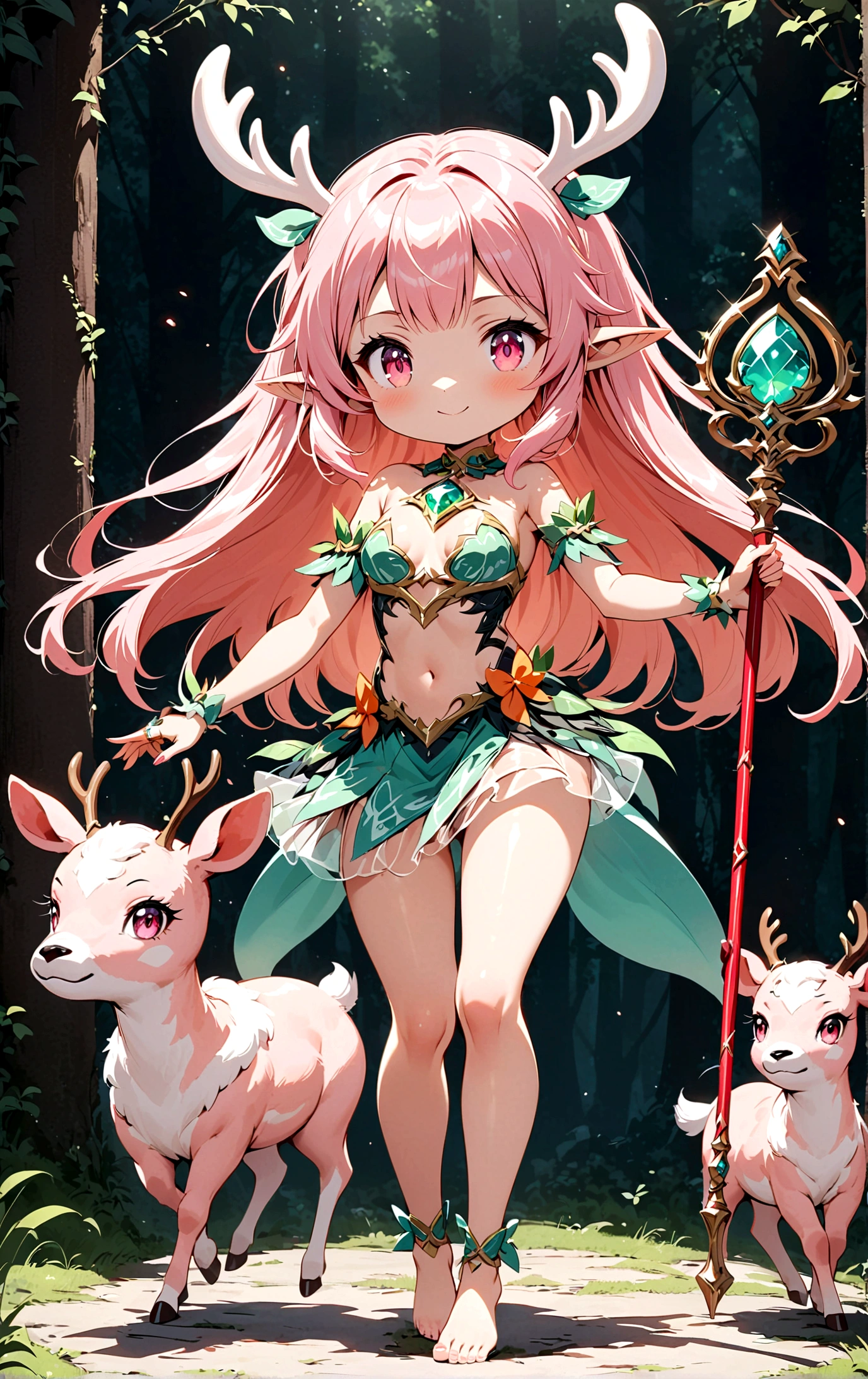 game character,Cartoon anime style,beautiful girl,Cute expression,Fluffy pink hair,Pink Eyes,Cute pink deer antlers,Elf ears,Orange tulle short skirt,Metal gem-encrusted scepter glows,Slender legs,Standing barefoot,Foot ring。(((Correct human anatomy))),In the magic forest,A cute white deer