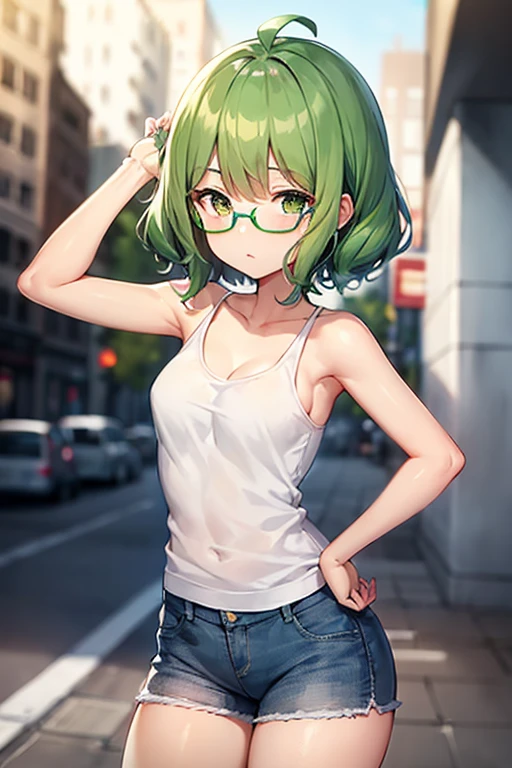 score_8_superior, score_7_superior, score_6_superior, score_5_superior, score_4_superior, Anime screenshots, View your viewers, superiorper body,
One girl, Tatsumaki, Green Hair, Green Eyes, short hair, Curly Hair, Thighs, View your viewers,
White tank top, jeans, Wear glasses on your head, 
Break Standing, View your viewers, city,