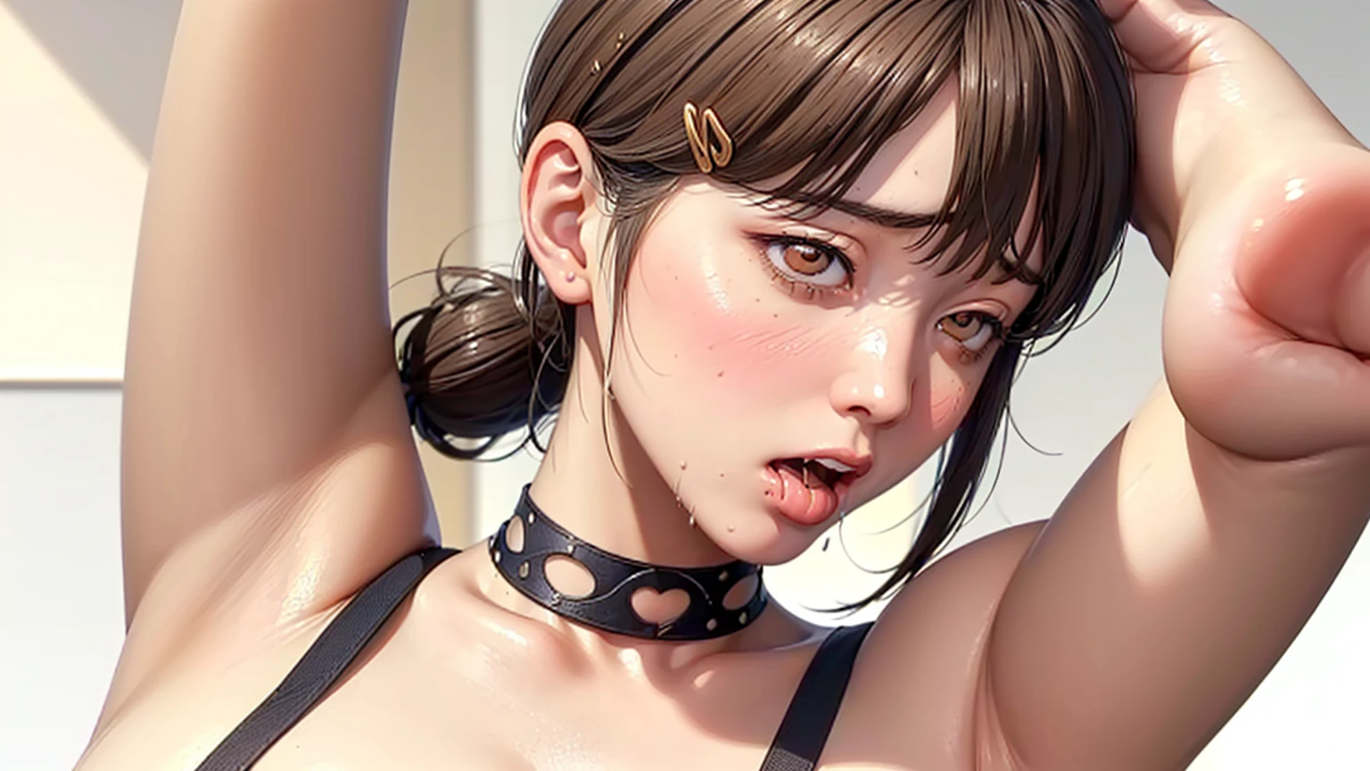 (((Perfect body,White and tender skin,(((,))),(((Kobeni Higashiyama, black hair, hair ornament, hairclip, ponytail, short hair, (brown eyes:1.5),))),((masterpiece)),highres,((Best quality at best)),masterpiece,quality,Best quality,((( Exquisite facial features,Looking at the audience,There is light in the eyes,(((ahegao,Slobber,Open your mouth,Drool marks))),))),(((Light and shadow,))),(((Looking at the camera,White background))))