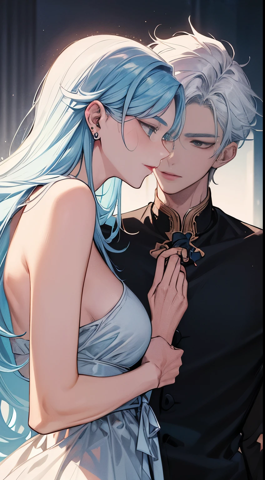 ke (((1male white hair people：Piercing in the left ear,、tall、tall、Tall、a handsome、refreshing、burly)))、(((1female blue hair：Long、short、Best style、F-cup、See-through sexy dress、Beautuful Women)))、((((a couple))))、{(Best Quality, 8K, masutepiece, nffsw, Soft lighting, image perfect, Digital Illustration, manhwa art, super detailed image, Perfect lines, )} พื้นหลังโบสถ์