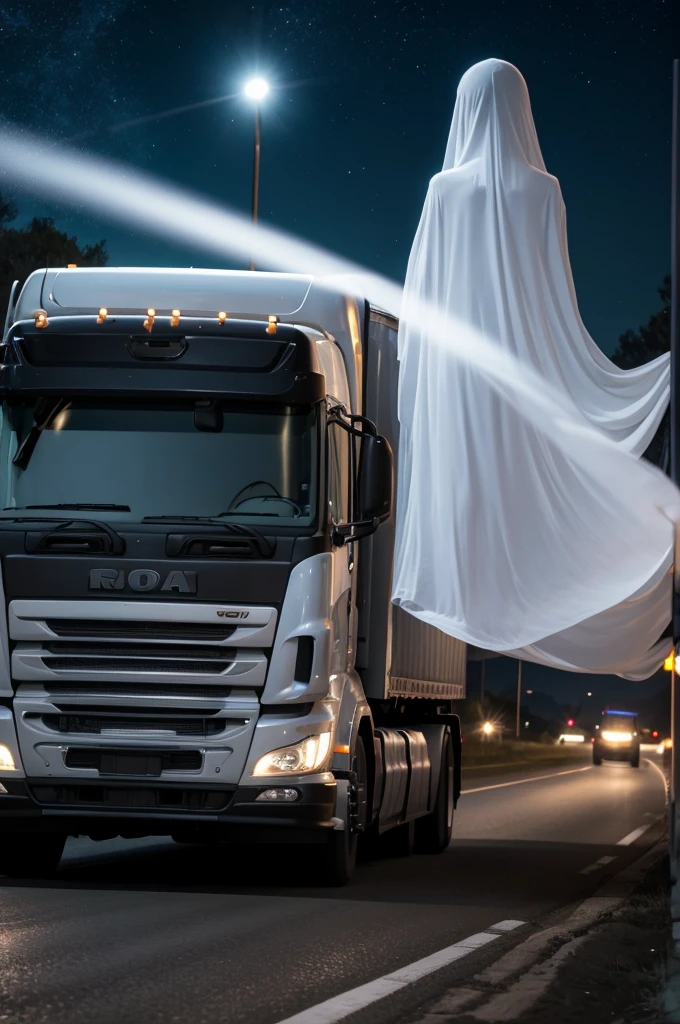 Truck driver driving along the road at night there is a ghostly woman in white on the side of the road