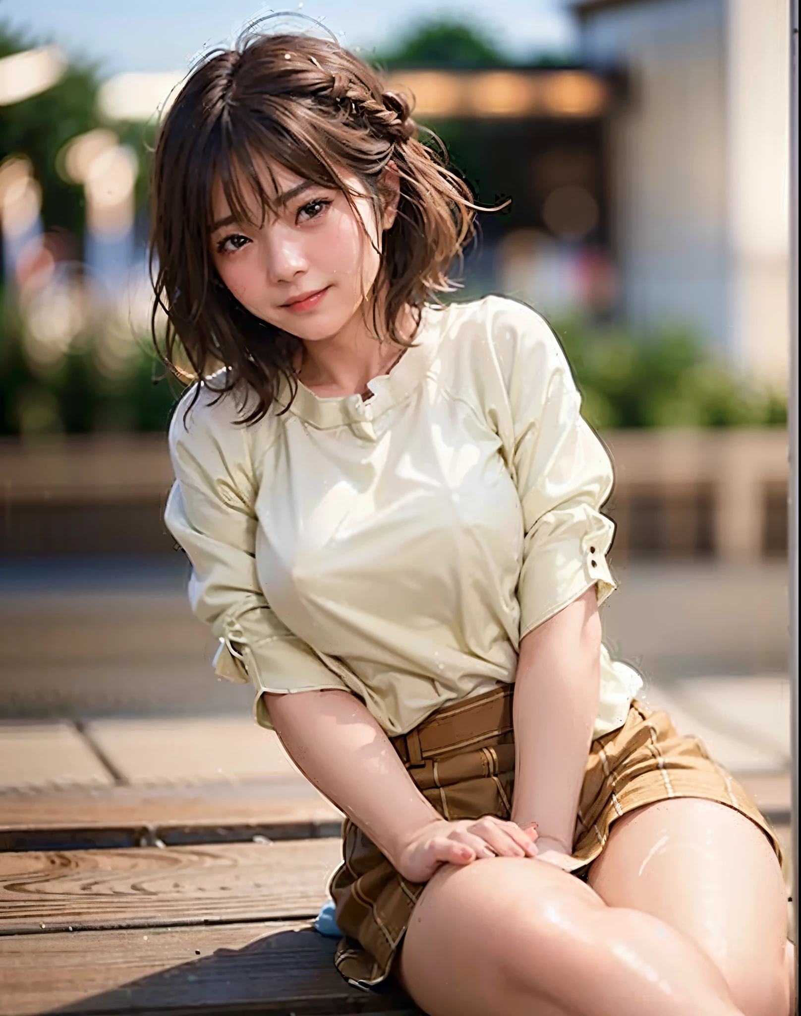 Highest quality, PhotoRealistic, 8K, High resolution, girl, woman, (Skin dents), (Big Breasts), (Professional Lighting, Bokeh), (street), (people々, crowd: 0.6), market, (night: 1.2), (brown: 2.0), (blouse: 1.5), (Portraiture: 0.6), nice, bloom, (Floating Hair), Braided hair, (Dynamic pose: 1.2) , Soft lighting, (masterpiece, Highest quality:1.1), (Ultra-fine 8K CG:1.2), (hyperRealistic:1.35), (PhotoRealistic:1.45), (Realistic:1.4), [Cowboy Shot], (Soft lighting), 1peopleの美しい日本peoplewoman, 20-year-old, Supermodel, Japanese Idols, (smile), Large Breasts, (Sweaty skin:1.2), (school uniform:1.2), (Sit on the ground:1.1), (Spread your legs, inhale, inhale,