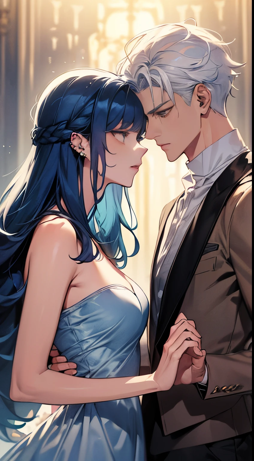 ke (((1male white hair people：Piercing in the left ear,、tall、tall、Tall、a handsome、refreshing、burly)))、(((1female blue hair：Long、short、Best style、F-cup、See-through sexy dress、Beautuful Women)))、((((a couple))))、{(Best Quality, 8K, masutepiece, nffsw, Soft lighting, image perfect, Digital Illustration, manhwa art, super detailed image, Perfect lines, )} พื้นหลังโบสถ์