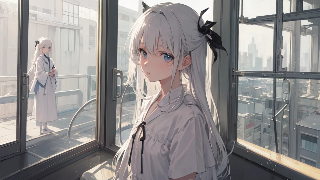 masterpiece:1.2), best quality , 独奏 ,pixiv, anime girl ,long straight white hair , black eyes ,White plain dress ,,(Eyes looking into the distance:1.3),(look away:1.5),Girl standing in dim hospital corridor,