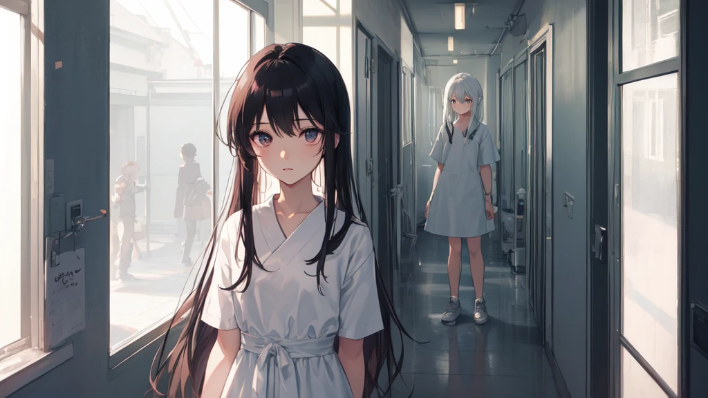 masterpiece:1.2), best quality , 独奏 ,pixiv, anime girl ,long straight white hair , black eyes ,White plain dress ,ten years old,(Eyes looking into the distance:1.3),(look away:1.5),Girl standing in dim hospital corridor,