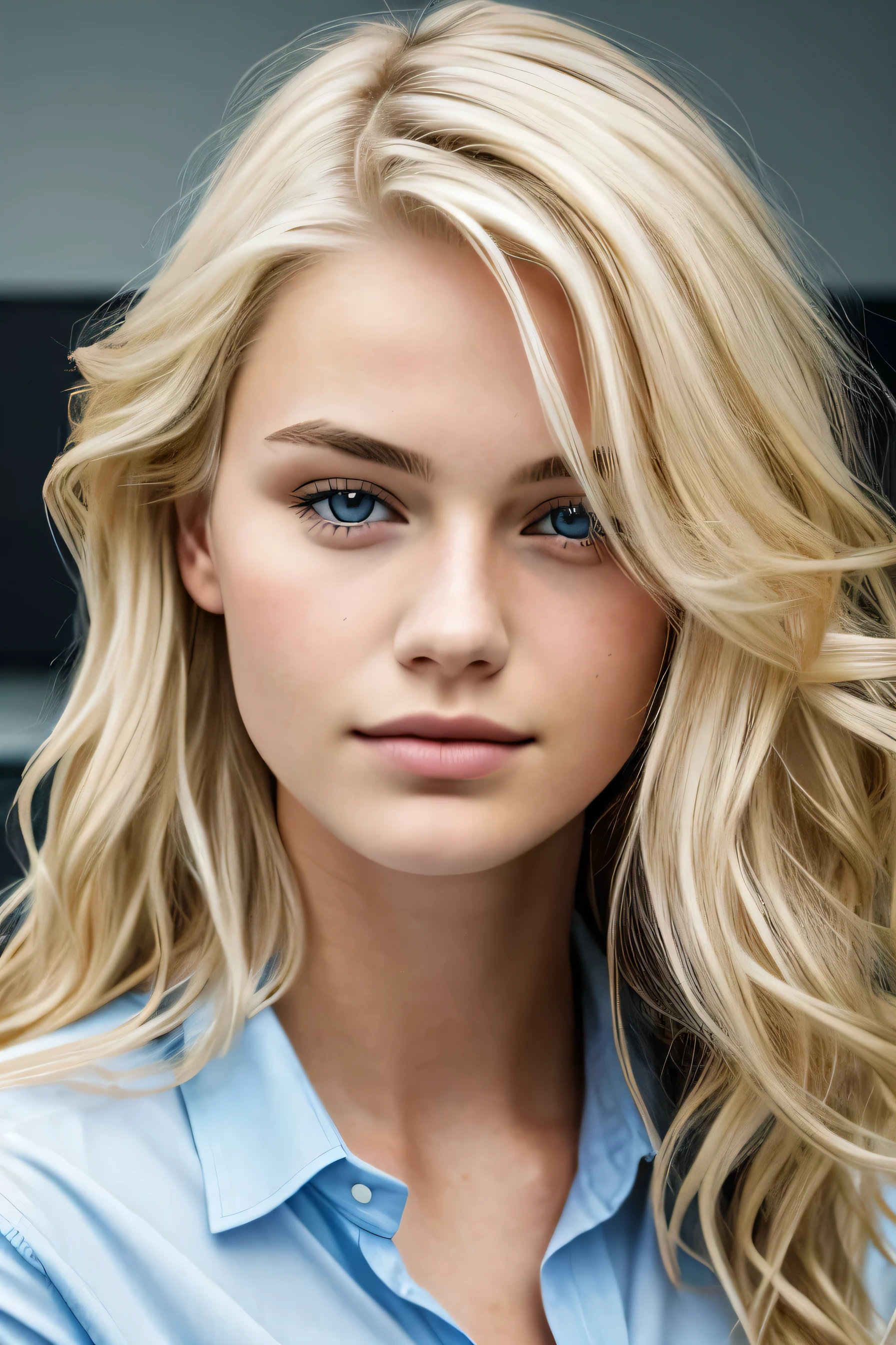 1girl in, age19, Allein, lange Haare, Kolossal , Betrachter betrachten, wavy hair, blondes Haar, realistisch, gesichtsportrait, only face shot, perfect face, perfect lips, in a office