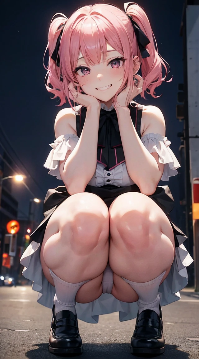 (8K、Top image quality、top-quality、masterpiece)、A detailed face、1 girl in、A pink-haired、short hair、blunt bangs,、twintails、wavy hair、black eyes、piercings、smirk grin、Moderately breasts、Pink ruffled clothing、off shoulders、a black ribbon、Black pleated skirt、a miniskirt、White Socks、Leather shoes、Thick bottom、squatting、hands on own face、((white thong))、Taken from below、Downtown background at night