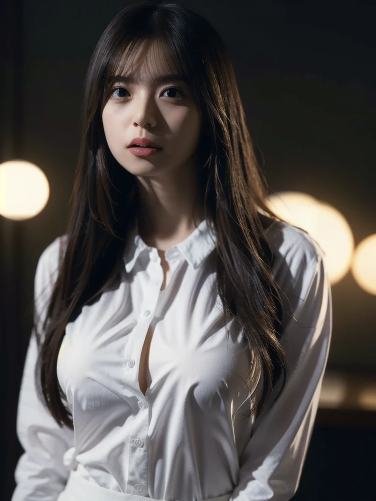 1girl, woman, masterpiece, best quality, highest quality, cinematic lighting, (volumetric lighting), extremely detailed CG unity 8k wallpaper, focused, 8k wallpaper, extremely detailed, ultra realistic, photorealistic, sharp focus, absurdres, (HDR:1.2), (high contrast), photograph, detailed and intricate, instagram, portrait, highly detailed, digital painting, artstation, concept art, smooth, sharp focus, illustration, cinematic lighting, (big breast:1.2), (whole body:1.2), white collar shirt, open shirt, open the button, sticking her tongue out,