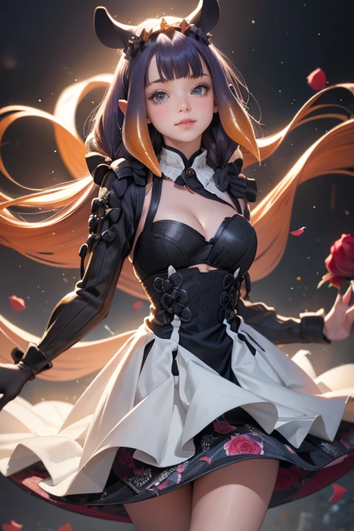 Ninomae Ina'nis, VTuber, multicolored hair, violet hair, orange hair, white roses, ornament hair, roses on her hair, maid, maid dress, maid headdress, maid apron, long hair, seat on a sofa, minimalist home style, Chinese maid dress, black dress, more details on her clothes, violet details, night, smiling, coat, solo, centered girl, cowboy shot, perfectly body, perfectly hands, two arms, two legs, two hands, five fingers, perfect anatomy, glowing hair, red roses, 1girl, dress, solo, flowing hair, floating hair, ornament hair, perfectly body, perfectly hands, on the stage, sparkles, more details on her clothes, dress with transparency, golden details on her dress, night, ((4k, masterpiece, top-quality)), 8k, best quality, high resolution, UHD, (illustration:0.8), super cute girl, delicate and beautiful face, mature girl, super cute hairstyle, (beautiful detailed eyes:1.6), extremely detailed face, perfect lighting, extremely detailed CG, (perfect hands, perfect anatomy), Best quality ((4k, masterpiece, top-quality)),8k, best quality, high resolution, HD, (illustration:0.8), super cute girl, delicate and beautiful face, mature girl, super cute hairstyle, (beautiful detailed eyes:1.6), extremely detailed face, perfect lighting, extremely detailed CG, (perfect hands, perfect anatomy), Best quality, cleavage, small skirt, full Body, two arms, two legs, two hands, five fingers