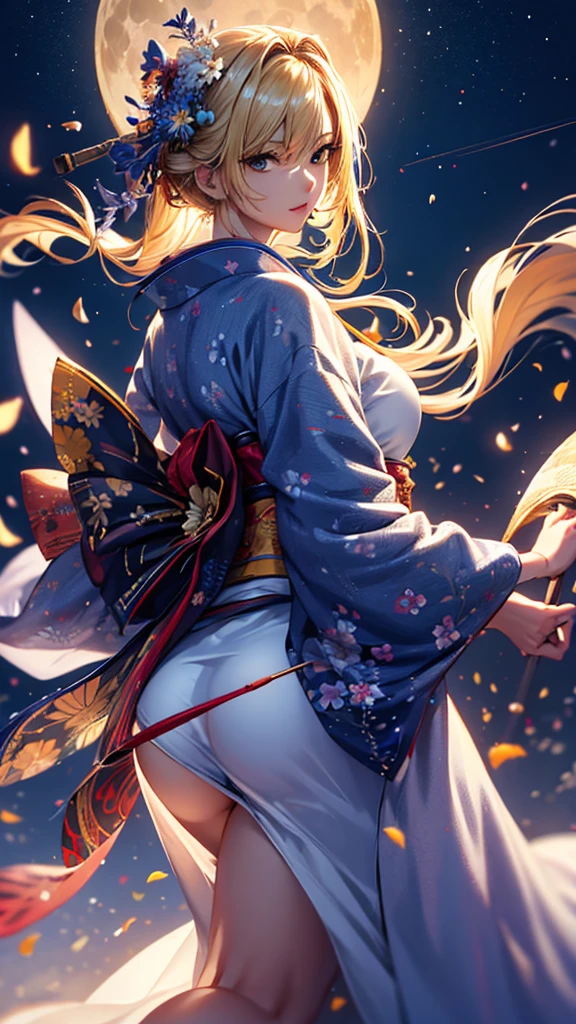 masterpiece, high quality, 4K, Beautiful design, silhouette,blonde, 非常に詳細な夜のStarry Sky,Flower Field, wonderful, Finer details, Very knowledgeable woman, Highly detailed solo, 1 female,Big Breasts,Big Ass,Underwear Line,Yukata in white color,Night view,Starry Sky,full moon,