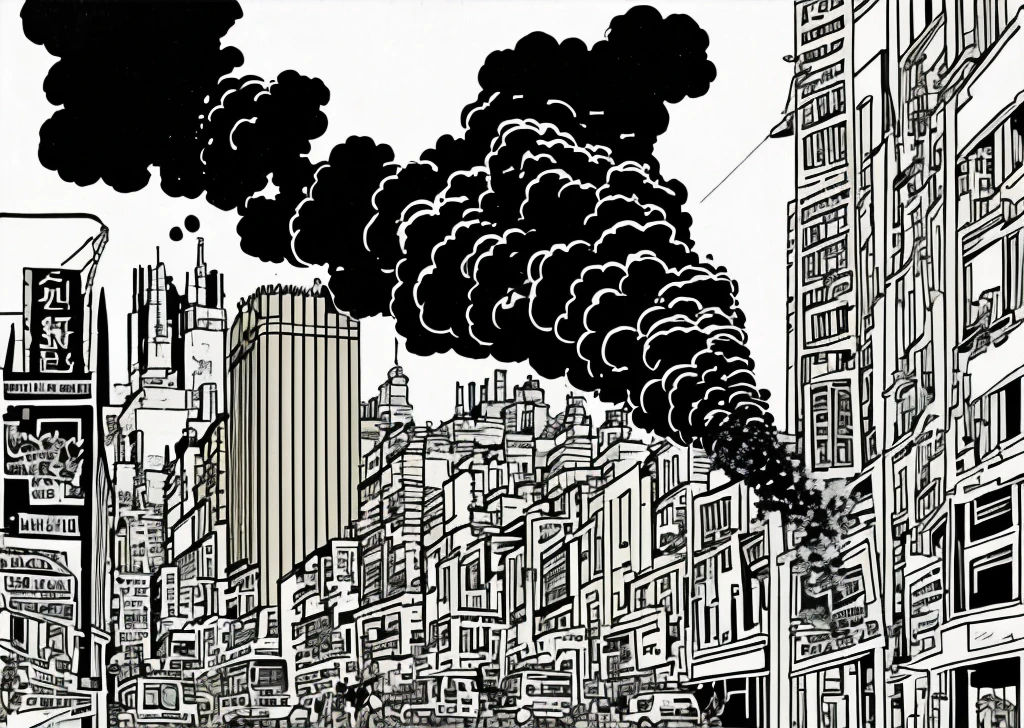 City exploding with a big smoke , Sleeve style
