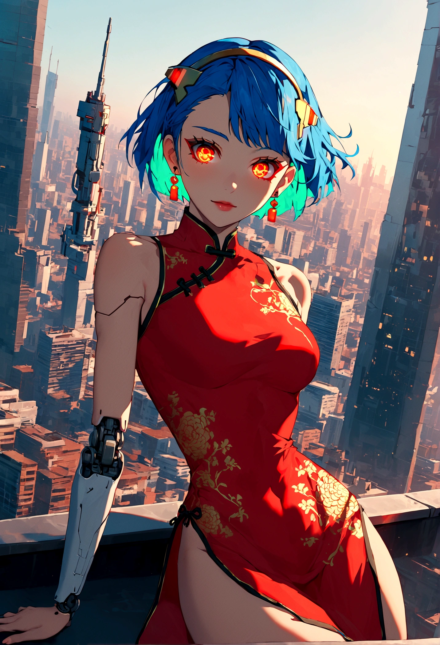 Fraction_9,Fraction_8_Direction_7_up,src_Japanese cartoons,1girl, girl, Cyberpunk,Chinese Cheongsam, Red light eyes,Glowing eyes, Short blue hair, White pattern, green, Bare shoulders, smooth, Mechanical joints,Shiny material,outdoor,futuristic city,Dynamic Angle