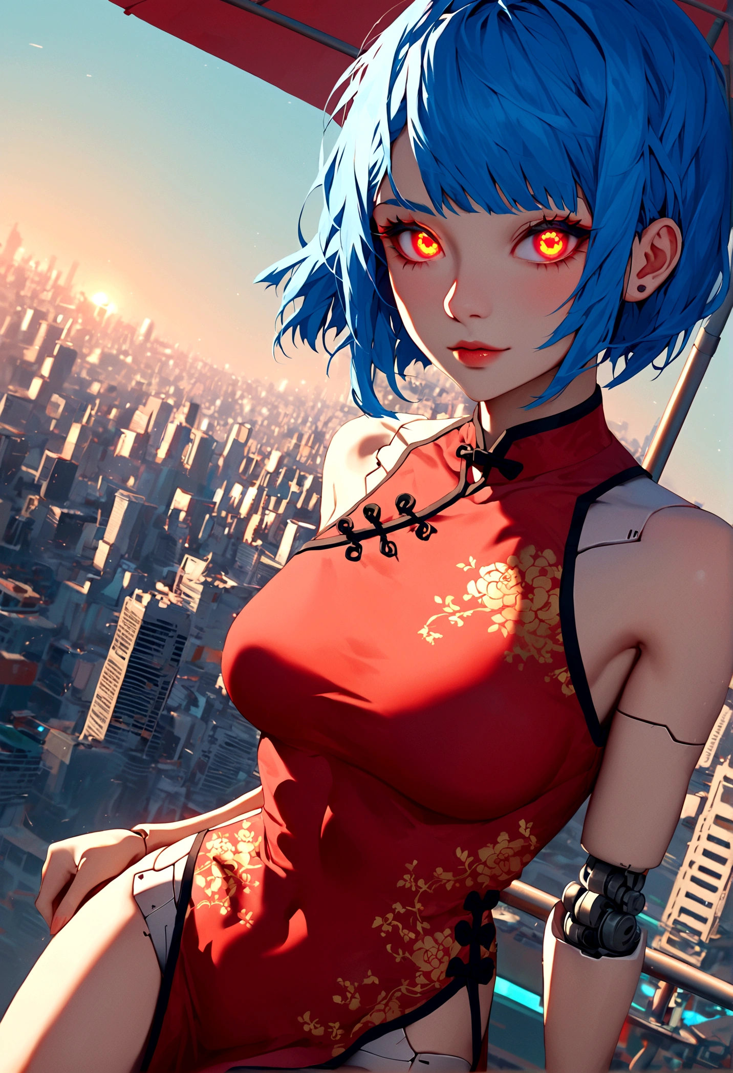 Fraction_9,Fraction_8_Direction_7_up,src_Japanese cartoons,1girl, girl, Cyberpunk,Chinese Cheongsam, Red light eyes,Glowing eyes, Short blue hair, White pattern, green, Bare shoulders, smooth, Mechanical joints,Shiny material,outdoor,futuristic city,Dynamic Angle