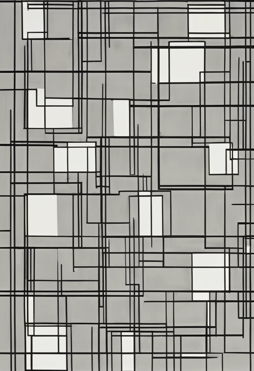 Design with straight lines and simple geometric shapes. A grid design in gray and black tones. The grid is made up of black and gray lines that intersect at right angles, creating a series of uniform squares and rectangles. The gray tones vary in intensity, adding depth and contrast to the pattern. The white background highlights the sharpness of the lines, while the precise and regular arrangement of the grid provides a sense of order and balance. The simplicity and elegance of the design emphasize clarity and minimalism, resulting in a visually attractive and modern composition., Abstract expressionism, UHD, masterpiece, accurate, super detail, 16k