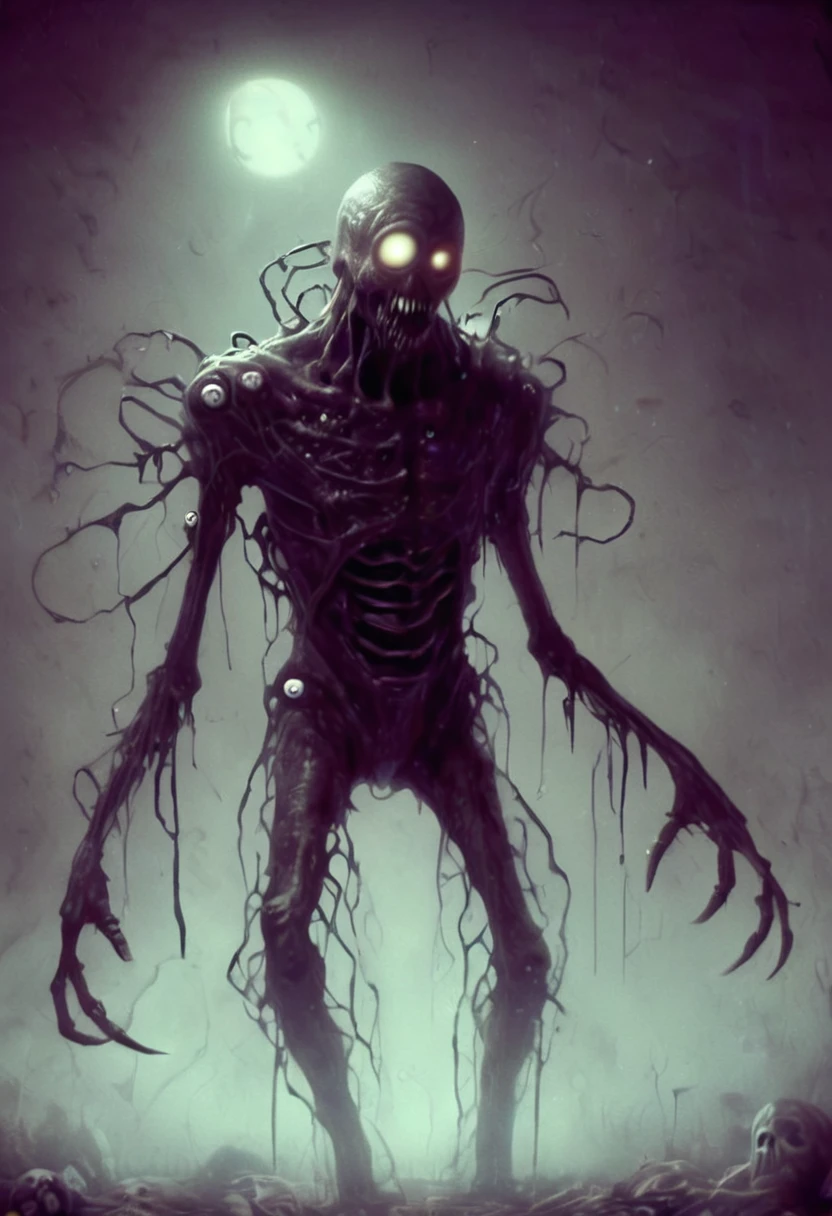 The controller is a humanoid monster about 3 metres high. He has a curved spine and arms as long as his body. He is thin and his skin is light grey. His face is hollowed out and he has dark circles under his eyes. His eyes are two completely black eyeballs that never blink and he has a large smile very difficult to reveal his teeth. He has short black hair. He is dressed in an old train controller outfit.