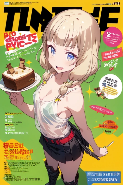 (small :1.2), (perky chest:1.2), (pointed chest:1.2), (Pudding cake magazine cover:1.3),(from above:1.0),(shoot from the side:1.1),masterpiece, 1girl, Amazing Cleavaghin waist, optimum,tmasterpiece,hight resolution,best qualtiy,hyper HD,super detailing,awardwinning,a 18yo cute girl,(The upper part of the body),anatomy correct,Beautiful Black miniskirt,garters,Gaze,Small face,bangss,holster,Beautuful Women,hands up,leg holster,Gaze,black boots,Cowboy Shot,cute face,a blond,Longhaire,Twin-tailed,Braids, Hairline,(scarlet eyes),long eyelasher,Hanging eye corners,White skin of the, ((see through camisole:1.1)), ((Sheer nipples:1.0)),Rits,(Slim body),smileuctive weak smiling,(with sparkling eyes and a contagious smile),little open mouth, Looking at Viewer,