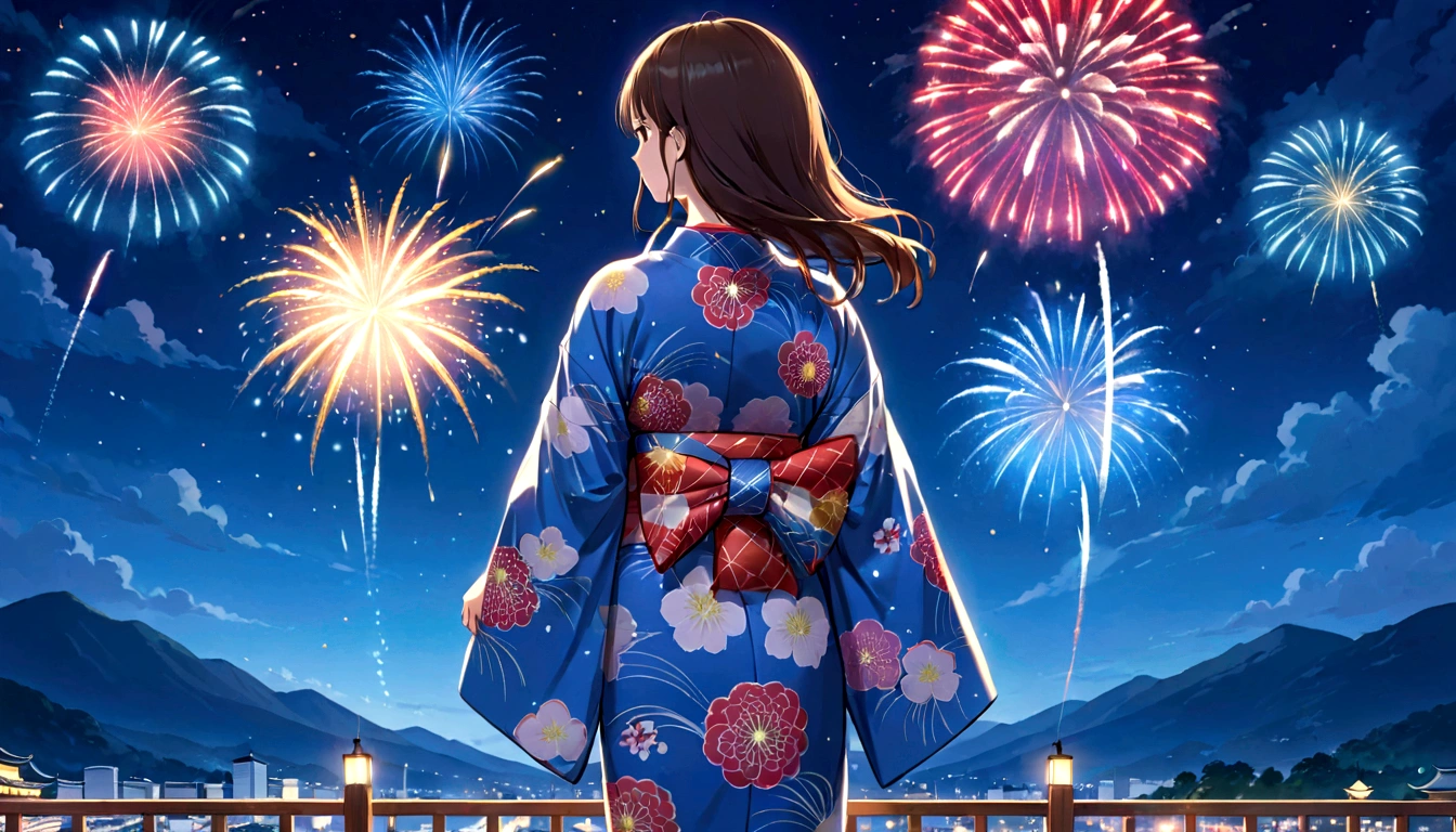 anime girl In kimono outfit looking at fireworks in the sky, firework, In kimono, [ fireworks in the sky ]!!, fireworks, In kimono, Summer Festival Night, fireworks in the background, yukata, Japanese Kimono, 色鮮やかなyukataを着て, Digital anime illustration, wear Kimono, Anime-style illustrations, wear Kimono