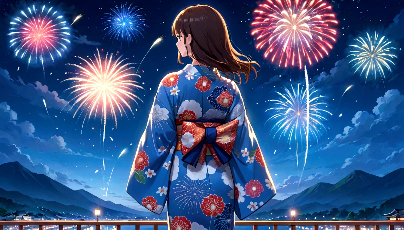 anime girl In kimono outfit looking at fireworks in the sky, firework, In kimono, [ fireworks in the sky ]!!, fireworks, In kimono, Summer Festival Night, fireworks in the background, yukata, Japanese Kimono, 色鮮やかなyukataを着て, Digital anime illustration, wear Kimono, Anime-style illustrations, wear Kimono