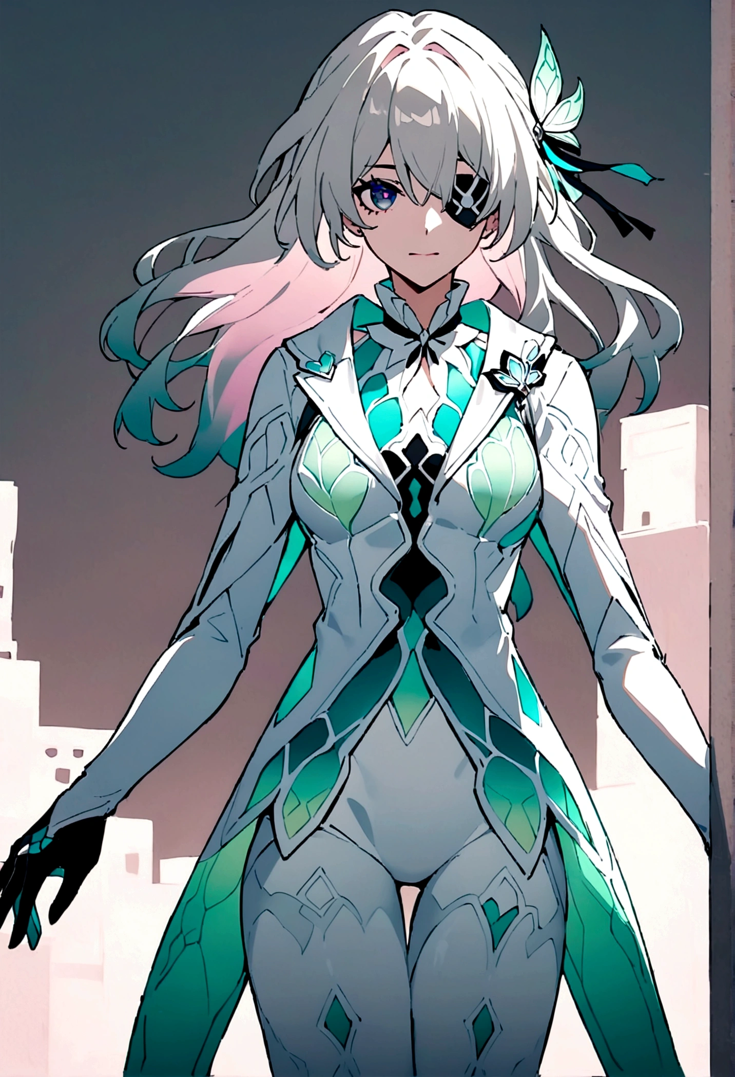 Create an image of Firefly from Honkai Star Rail wearing a suit inspired by Spider-Gwen. The suit should feature a white hood with a pink inner lining, a white torso, and black arms and legs. Include turquoise web patterns on the arms and turquoise ballet-style shoes. Firefly's mask should be white with large, expressive black eye patches. Ensure the suit maintains a sleek and modern aesthetic, blending elements from both Firefly and Spider-Gwen. The character should be in a dynamic, action-oriented pose, set against a futuristic, urban background to highlight the suit's details