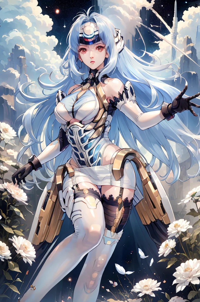 One Woman、whole body、(Spacewalk)、skinny、(Highest quality)tall、White garter stockings、Nipples、Light blue long-haired、Expressionless、White long gloves、Beauty