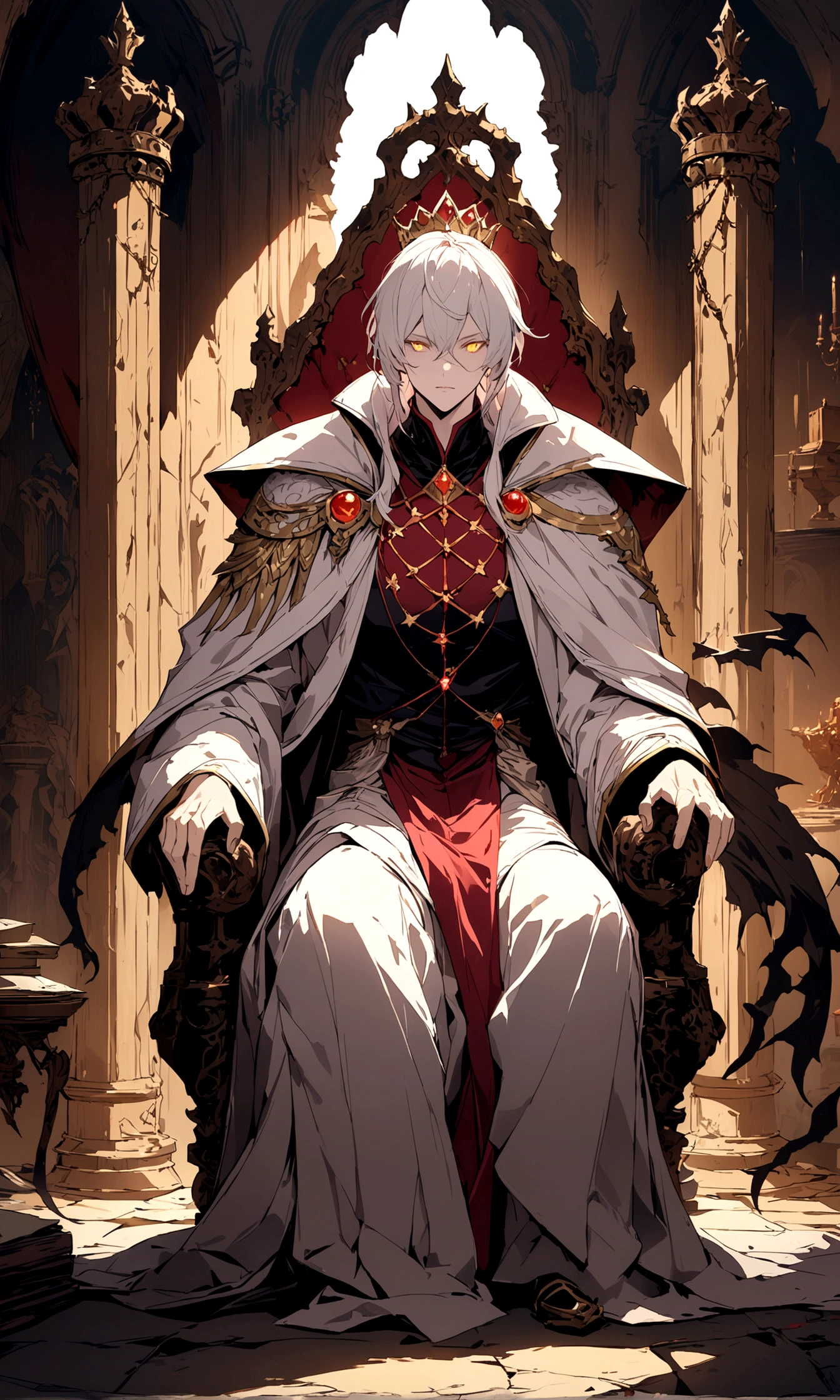 A white-haired, golden-eyed prince sits on a majestic throne inside an abandoned palace with crown. The environment around him is dark and gloomy, with cracks in the walls and cobwebs hanging there. The throne is ornate, with details in gold and precious stones, and is covered by a dusty cloth. The protagonist is wearing royal clothing, with a determined expression on his face, as he stares at the horizon with glowing golden eyes, masterpiece, best quality, ultra-detailed, illustration, 8k resolution concept art, fantasy art, epic art, concept art wallpaper 4k, deep color, natural lighting. adult, handsome, tall muscular guy, broad shoulders.