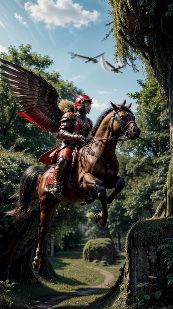 absurd resolution, high resolution, (Masterpiece: 1.4), hyper-detail, and moss, red armor with red wings, floating flight in the sky (1.8) the background is wild, fire