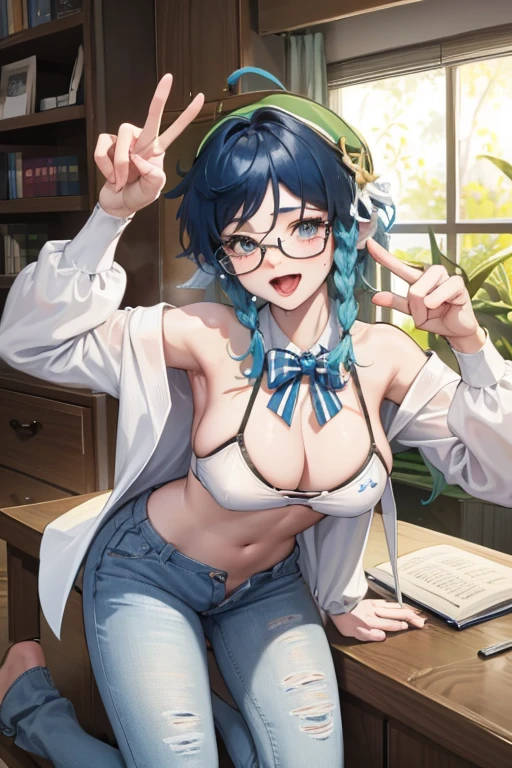 ,, wearing a short ,, she open her clothes,, With his long tongue out of his mouth, with a big breast,, with a peace arm pose,, full body picture with her leg,, wearing a jeans short,, wearing a glasses ,, sexual expresion