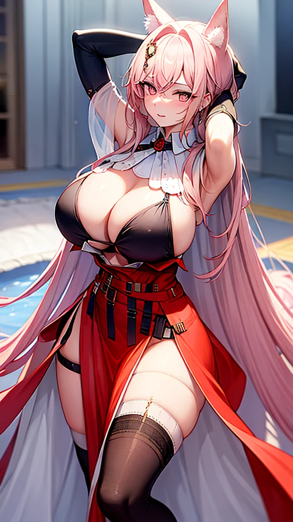 masterpiece, Highest quality:1.2),8K, 4K High Resolution, Super detailed, High-quality texture,High detail, High Quality Shadows, Beautiful and delicate face down to the last detail, Beautiful and delicate eyes、One Woman, alone、Very large breasts、Very large breasts、Very thick legs that make the chest very large、Are standing、Composition from the front、Look forward、Stand up straight,Looking into the camera、Draw a face、Depth of written boundary、smile、Show your armpits、Armpits Hands behind head
