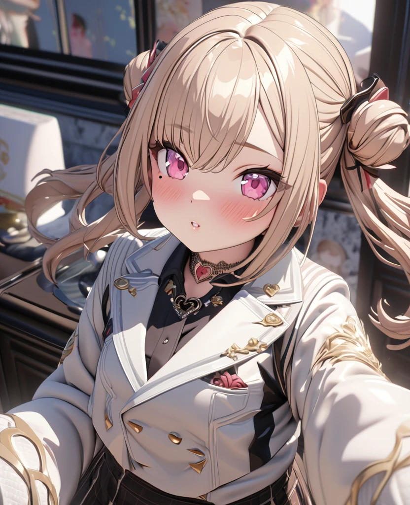 masterpiece, best quality, highly detailed, high resolution, expensive resolution, high resolution, 4K, 8k, uniform 8k wallpaper, highly detailed CG, masterpiece, 2D, 3D, beautiful details, depth, fine texture, best quality: 1.3, perfectly focused, crispy. skin, him, very cute anime girl, idol, brown double hair buns wearing expensive, mole under eye, looking at the viewer, cowboy short, expensive, blush, mole, plump lips, heart, pink eyes, heart shaped choker