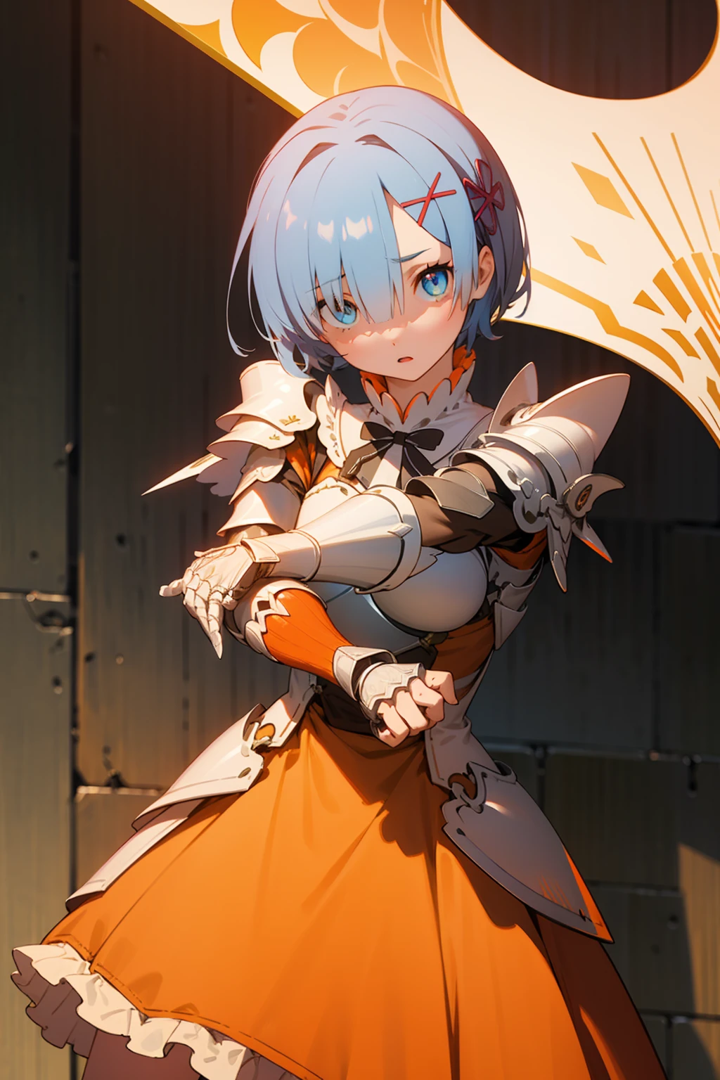 ph_rem, remhd, 1girl, blue hair, solo, blue eyes, x hair ornament,
BREAK (red bowtie, shoulder armor, sidelocks, (white armor:1.5), breastplate, (orange dress:1.5):1.2),
BREAK (masterpiece:1.2), best quality, high resolution, unity 8k wallpaper, (illustration:0.8), (beautiful detailed eyes:1.6), extremely detailed face, perfect lighting, extremely detailed CG, (perfect hands, perfect anatomy),