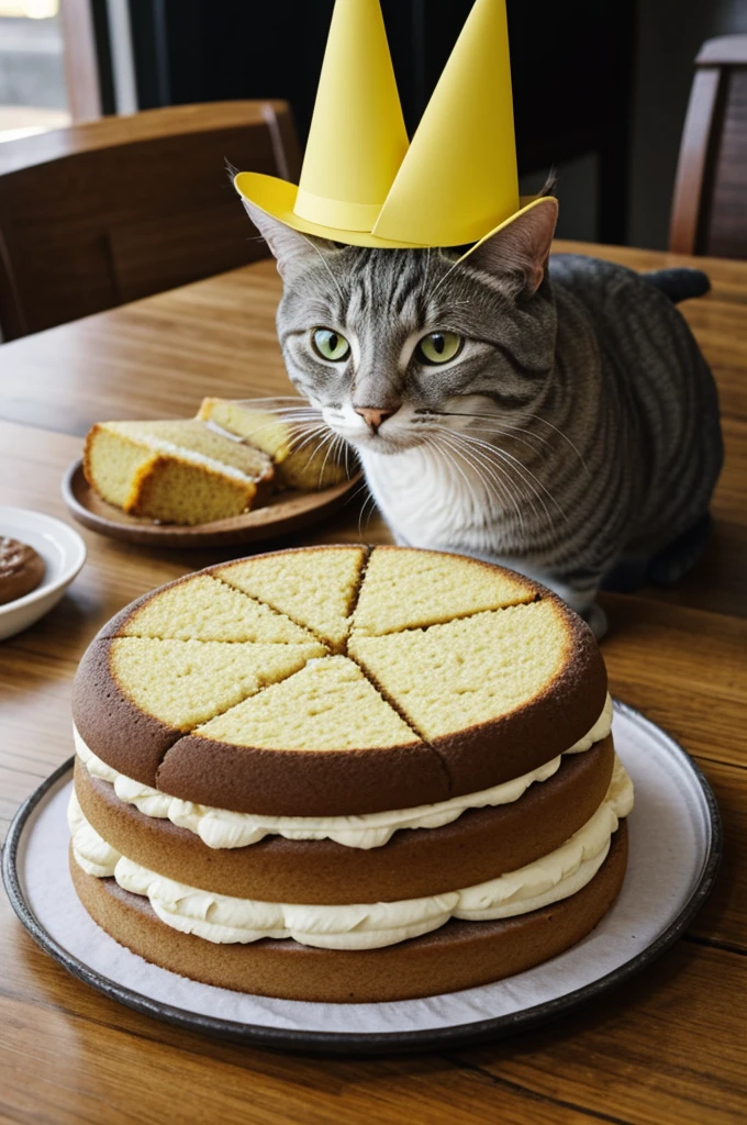 Generate an image of a yellow, half-gray cat in a choripanes place with a lot of people, which cat has a birthday hat and is eating a choripan-shaped cake that says Niscufid on the cake.