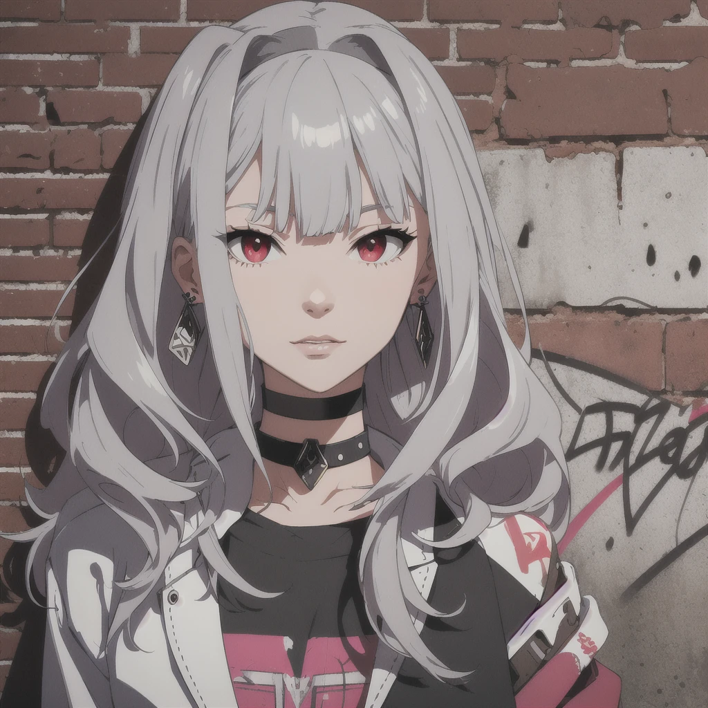 (masterpiece, best quality, 1girl, solo, intricate details, chromatic aberration), realistic, ((medium breath)),long hair, silver deep gray hair, red head ornament, pink highlights, hair over one eye,red eyes, earrings, bangs, sharp eyes, choker, neon shirt, open jacket,red crop top, (symmetry eyes),(perfect symmetrical body),against wall, brick wall, graffiti, dim lighting, alley ,look at viewer, straight strictly cutted hairstyle and, straight bangs on one line over eyes,