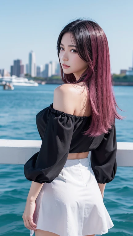 ((Back view)),((Look back here)),((Highest quality)),((最high resolution)),((high resolution)),((detailed)),((High definition)),((8K)),((Perfect body)),((Perfect Face)),((Realistic)),((Real)),((Realistic)),((Beauty)),Wharf、Outdoor、night、City、night景、Black Hair、((Only the tips of the hair are pink))、Straight long hair、Very dense makeup、((Black clothes:1.2))、Black ruffled off-shoulder top、((Slanted Eyes))、White Skirt、Hair blowing in the wind、(big breasts:1.1)、